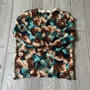 Talbots sweater Brown Blue Cream   Merino Wool 3/4 Sleeve Floral Rose